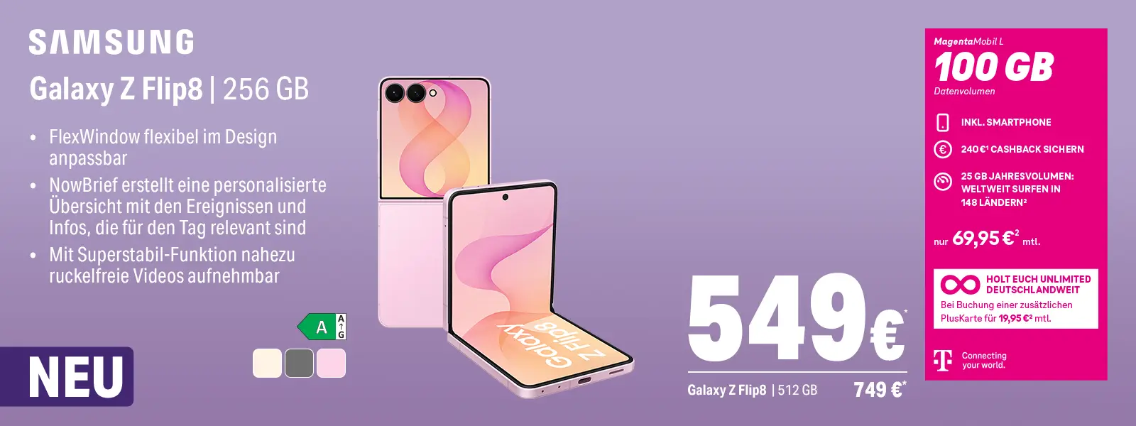 Werbebanner: Samsung Galaxy Z Flip8 Klapphandy mit MagentaMobil L 100 GB Tarif