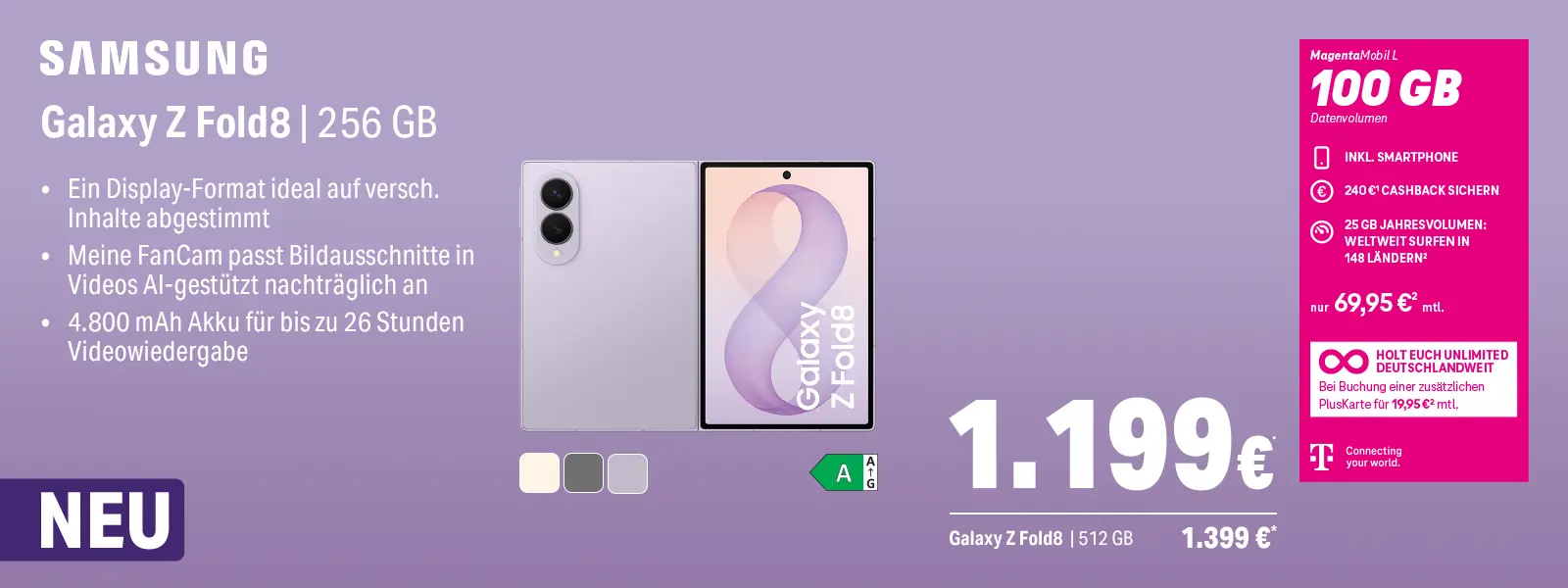 Werbebanner: Samsung Galaxy Z Fold8 256 GB Smartphone mit Tarif und 100 GB Datenvolumen