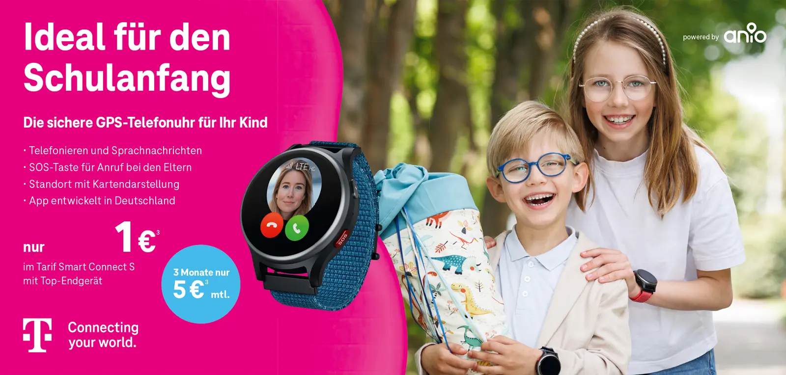 Werbebanner zur GPS-Telefonuhr für Kinder zum Schulanfang mit Geschwistern