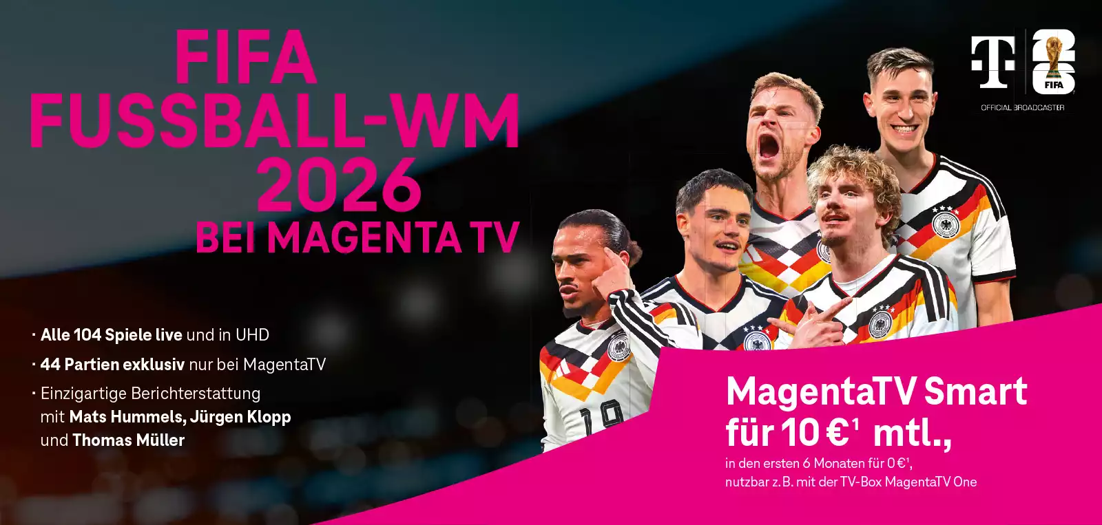 Werbung für die FIFA Fußball-WM 2026 bei MagentaTV mit jubelnden Nationalspielern.