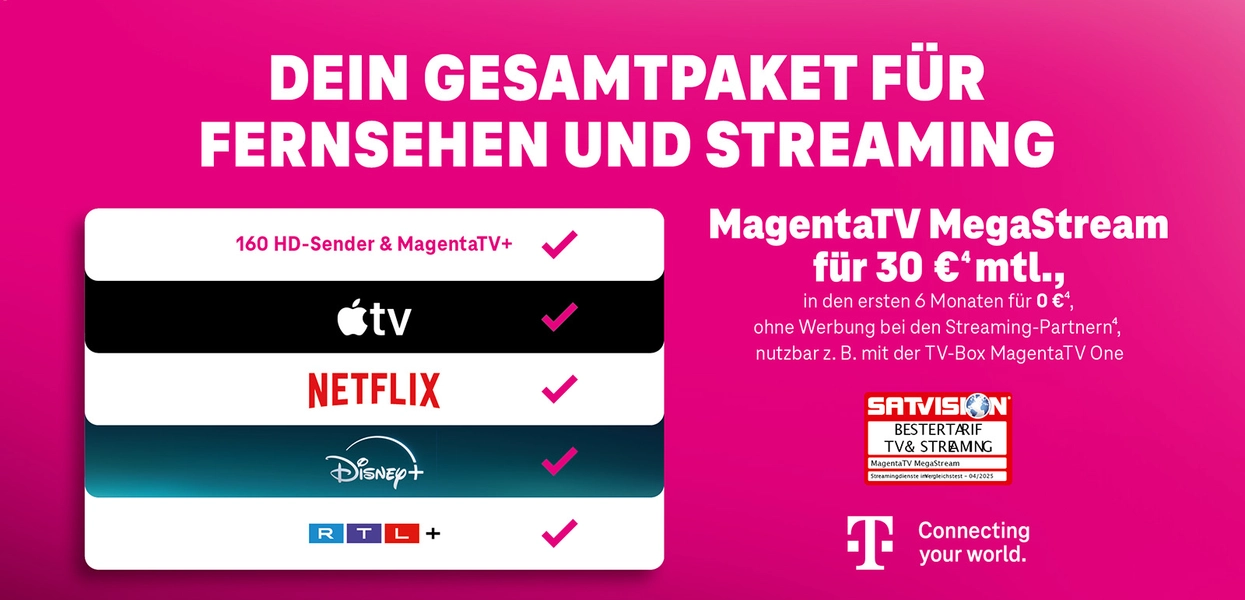 MagentaTV MegaStream Paket mit 160 HD-Sendern, Apple TV, Netflix, Disney+ und RTL+ Angebot.