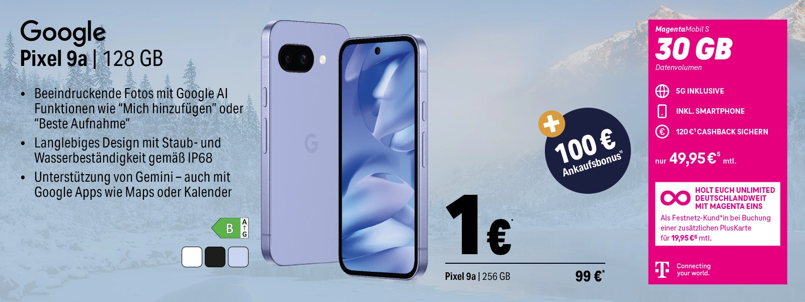 Google Pixel 9a Smartphone mit 128 GB Speicher im MagentaMobil S Tarif mit 30 GB Datenvolumen.