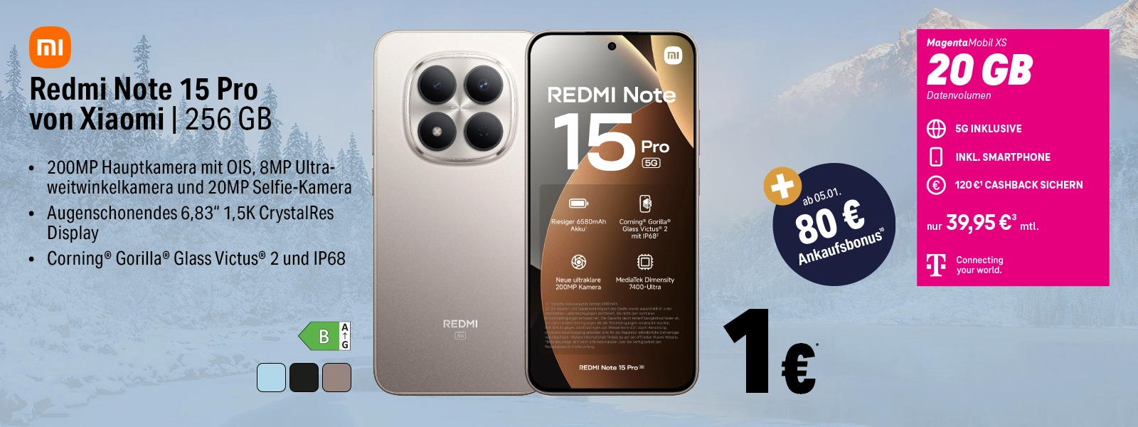 Xiaomi Redmi Note 15 Pro mit 256 GB, 200MP Kamera und MagentaMobil XS Tarifangebot.