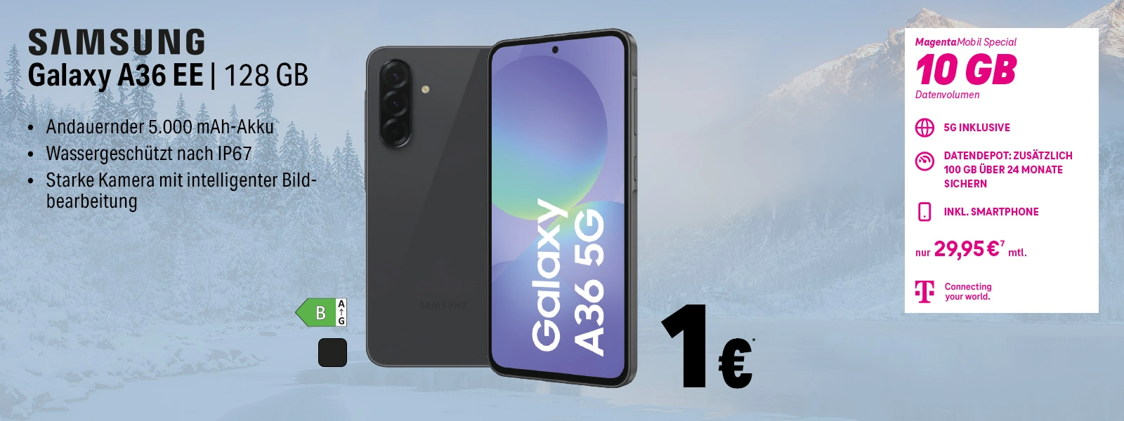 Samsung Galaxy A36 EE 128 GB mit 5G, 10 GB Tarif, wassergeschützt, starke Kamera.