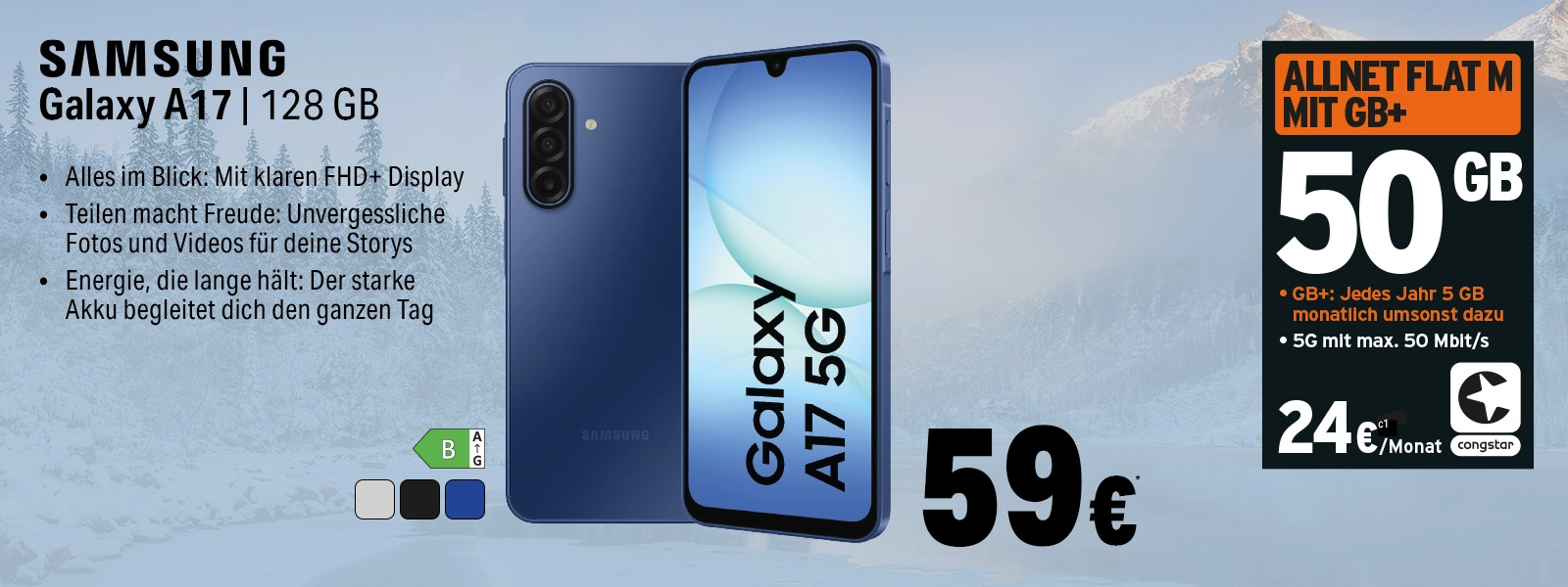 Samsung Galaxy A17 5G Smartphone mit 128 GB Speicher und Allnet Flat M Tarif mit 50 GB.
