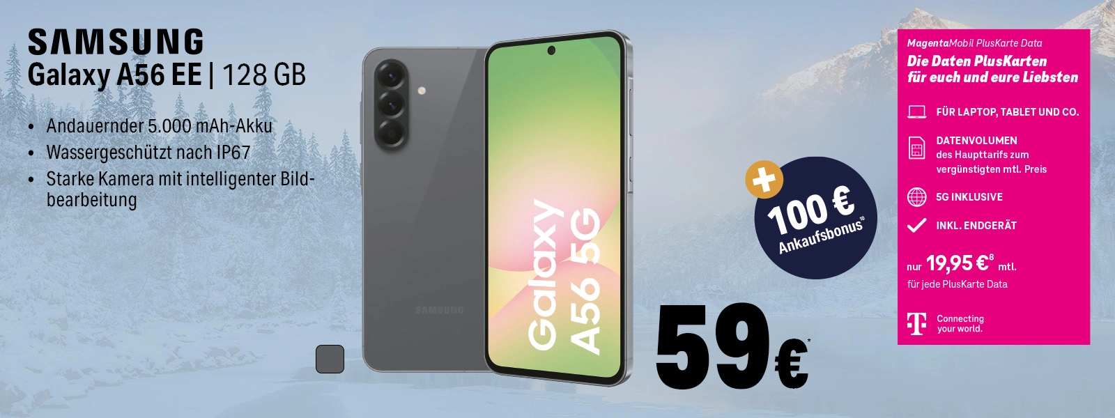 Samsung Galaxy A56 EE 128 GB Smartphone mit 5G, starker Kamera und IP67 Wasserschutz.