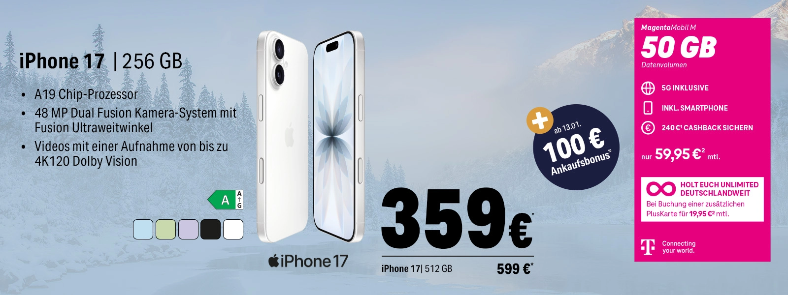Das Bild zeigt ein iPhone 17 mit 256 GB, Details zu Kamera, Prozessor und Mobilfunktarif.