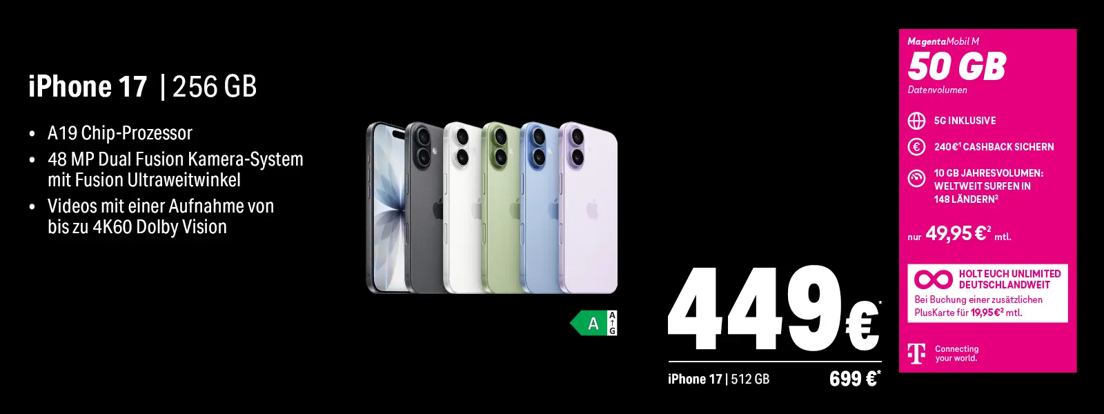 Werbeanzeige iPhone 17 mit 256 GB, A19 Chip und 48 MP Kamera, 5G Tarif