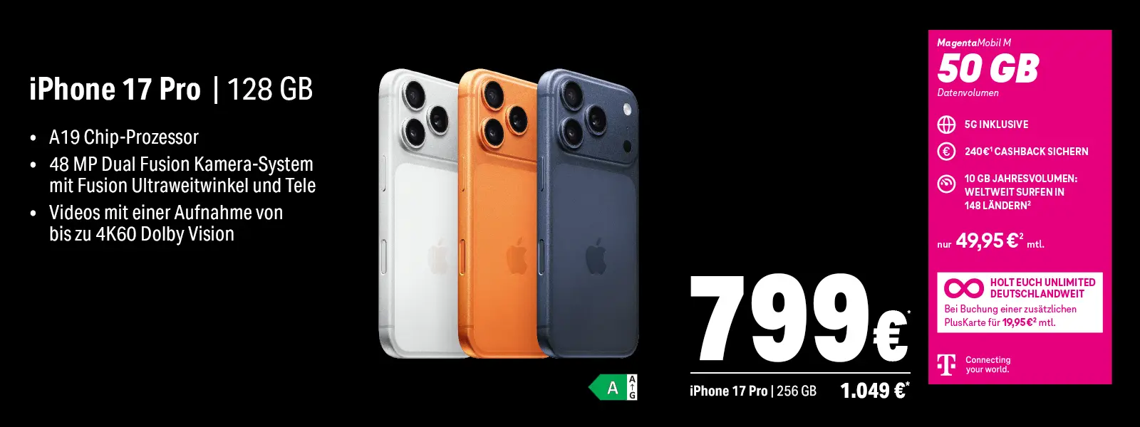 Werbebanner iPhone 17 Pro mit Smartphone-Farben und MagentaMobil M 50 GB Tarif