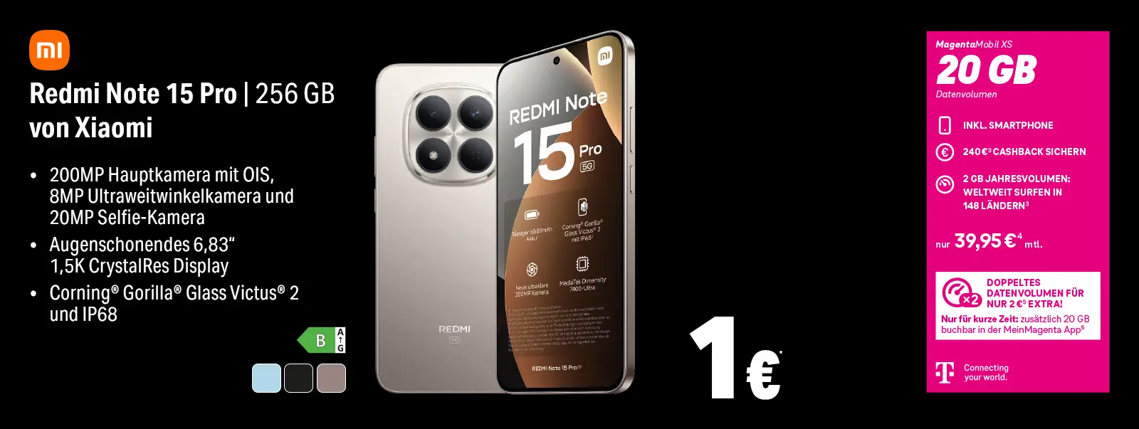 Werbebanner: Xiaomi Redmi Note 15 Pro 256 GB Smartphone mit 20 GB Tarif