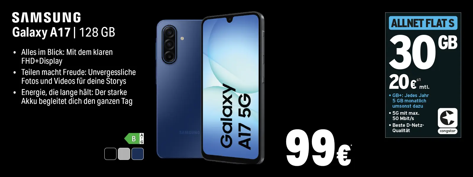 Werbebanner: Samsung Galaxy A17 5G 128 GB mit congstar Allnet Flat S 30 GB