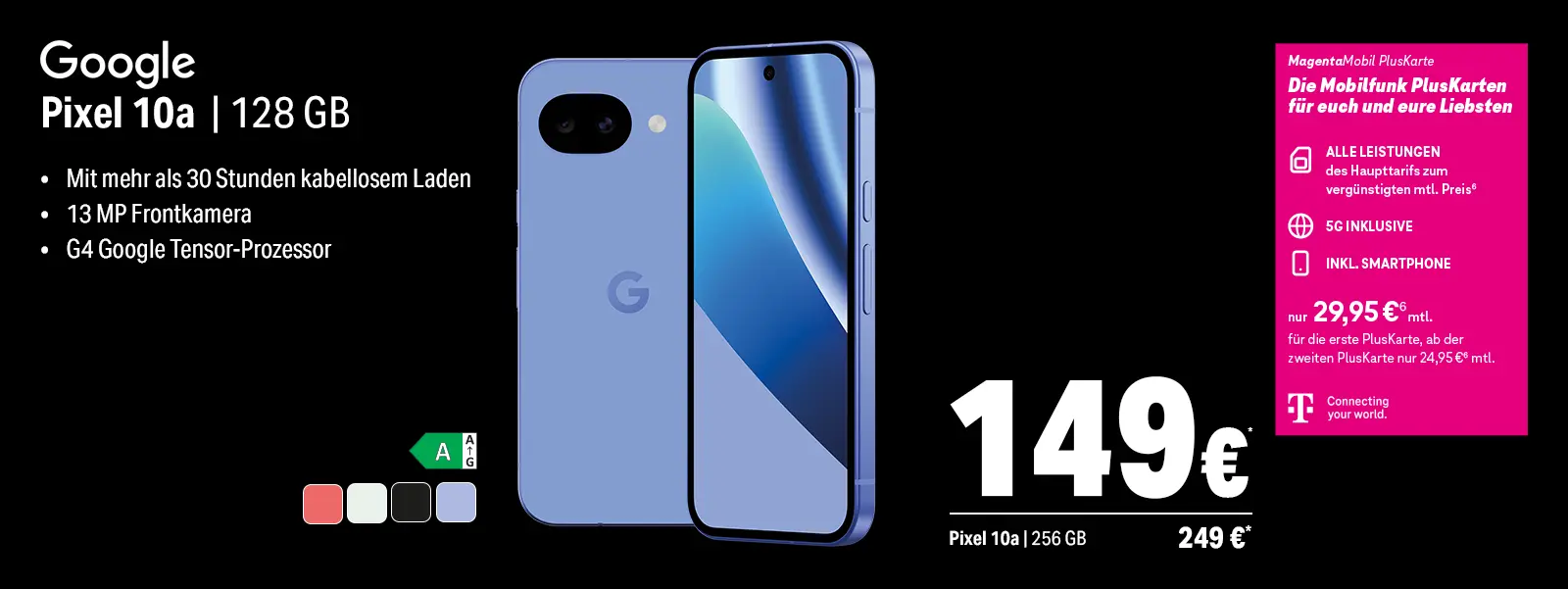 Werbung für Google Pixel 10a Smartphone, 128 GB, mit Akku und Kamerainfos