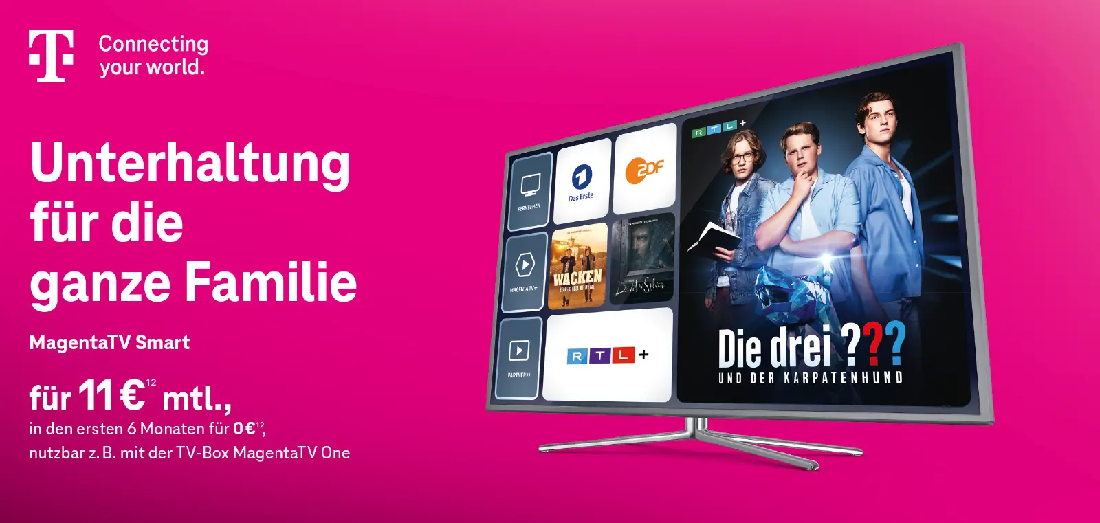Telekom MagentaTV Smart Werbung mit TV-Streaming Apps auf Fernseher-Display
