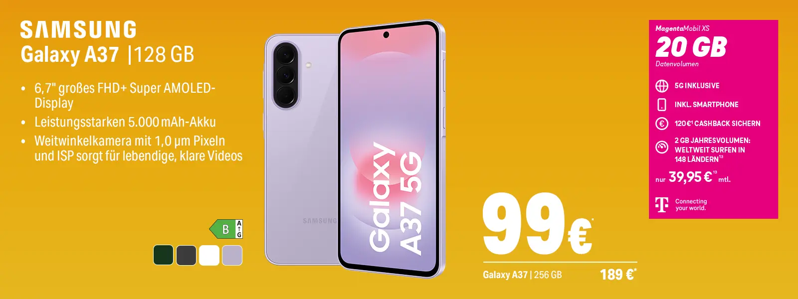 Werbebanner: Samsung Galaxy A37 5G Smartphone mit 128 GB und Tarifdatenvolumen