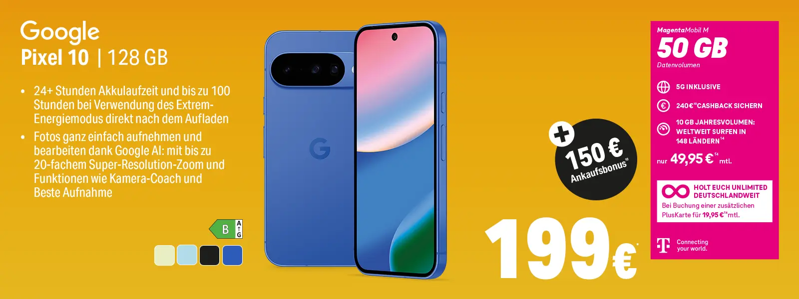 Werbebanner: Google Pixel 10 Smartphone 128 GB mit MagentaMobil M 50 GB Tarif
